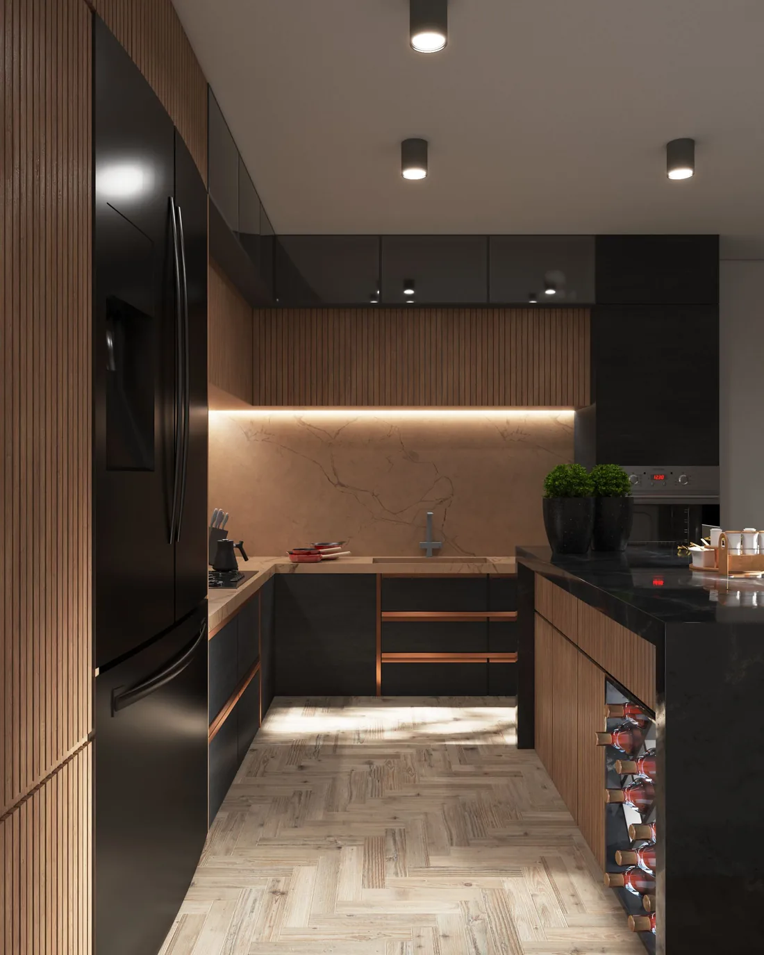 Cuisine de la Villa Horizon, îlot central et façades bois